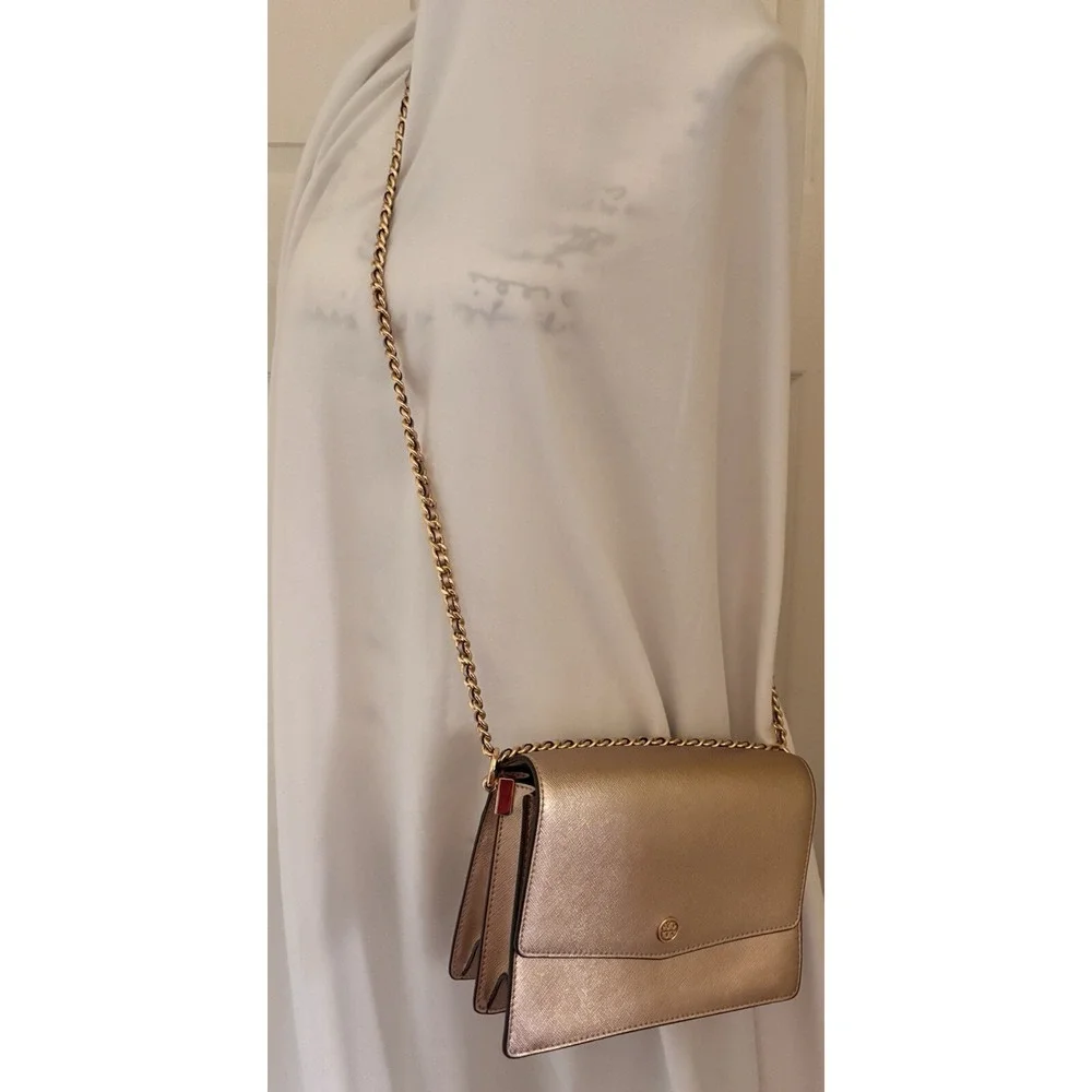 Tory Burch Robinson Convertible Metallic Rose Gold Leather Cross body New no tag